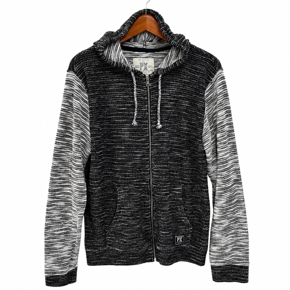PX Los Angeles Mens Space Dye Full Zip Hoodie Black White Knit Sweater Large